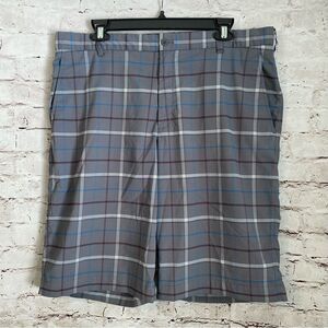 Nike Golf Shorts Gray Blue Plaid Flat Front Pockets Men’s Size 36